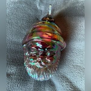 Iridescent Santa Head Thick Glass Ornament EUC